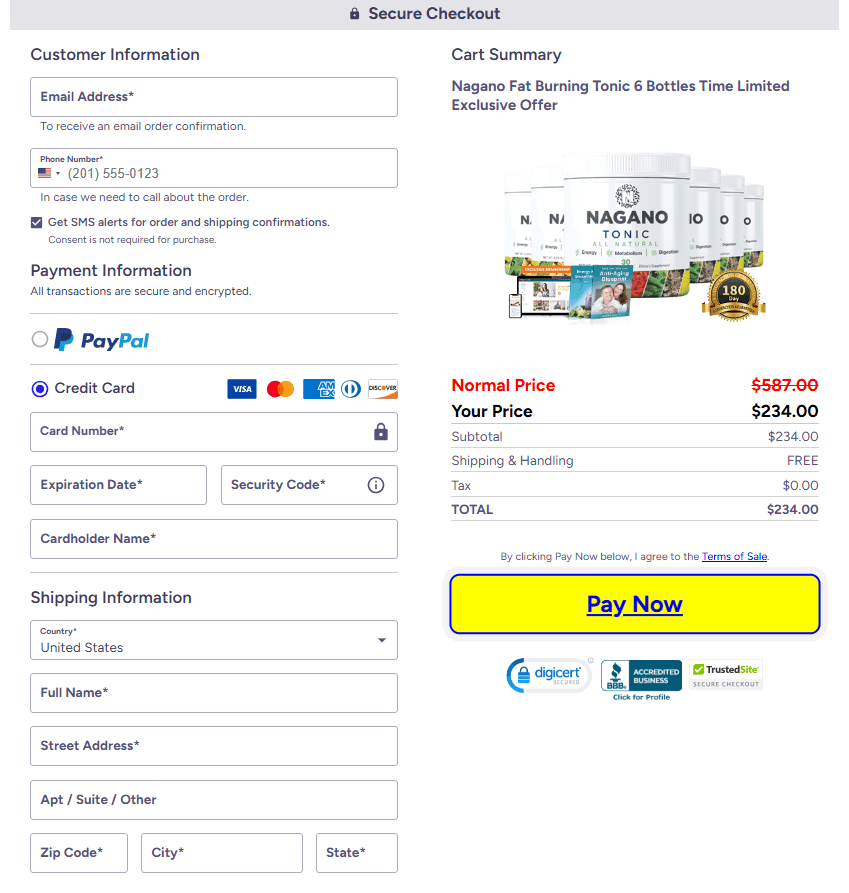 Nagano Tonic Secure Order Page